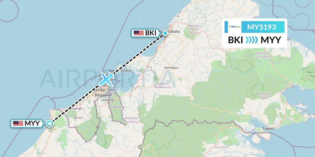 MY5193 MASwings Flight Map: Kota Kinabalu to Miri