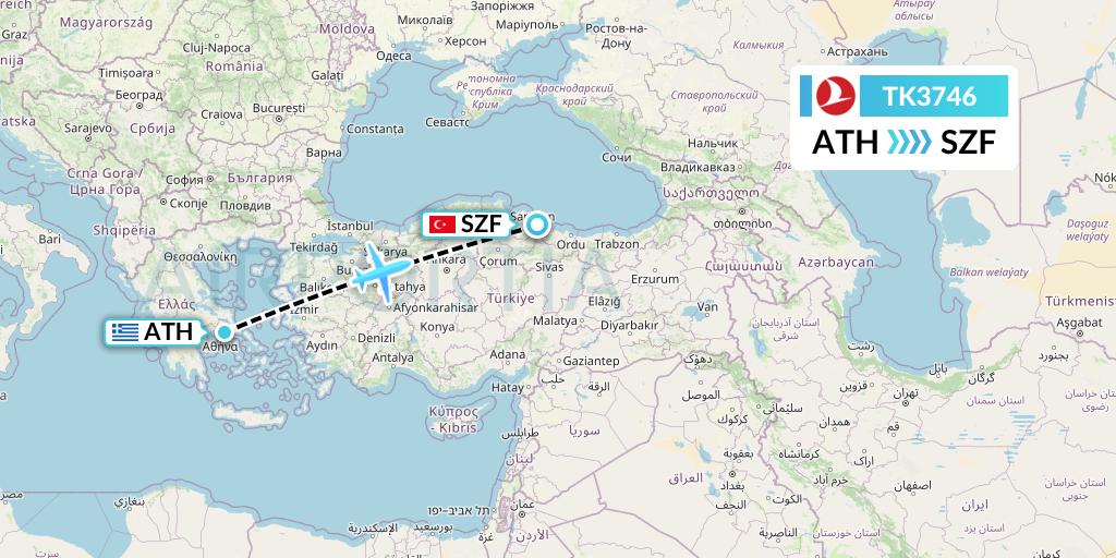 TK3746 Turkish Airlines Flight Map: Athens to Samsun