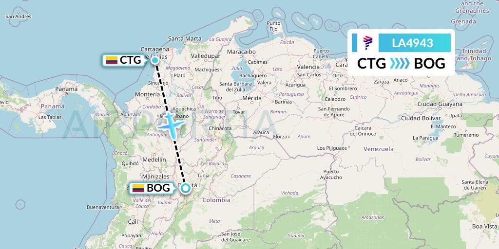 LA4943 LAN Airlines Flight Map: Cartagena to Bogota
