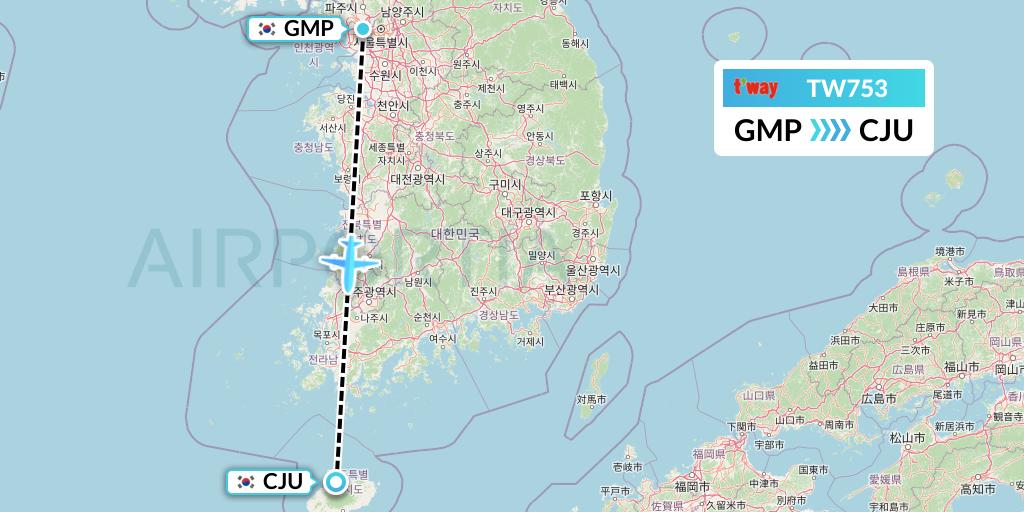 TW753 T'way Air Flight Map: Seoul to Jeju