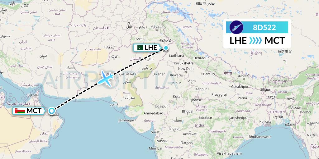 8D522 FitsAir Flight Map: Lahore to Muscat