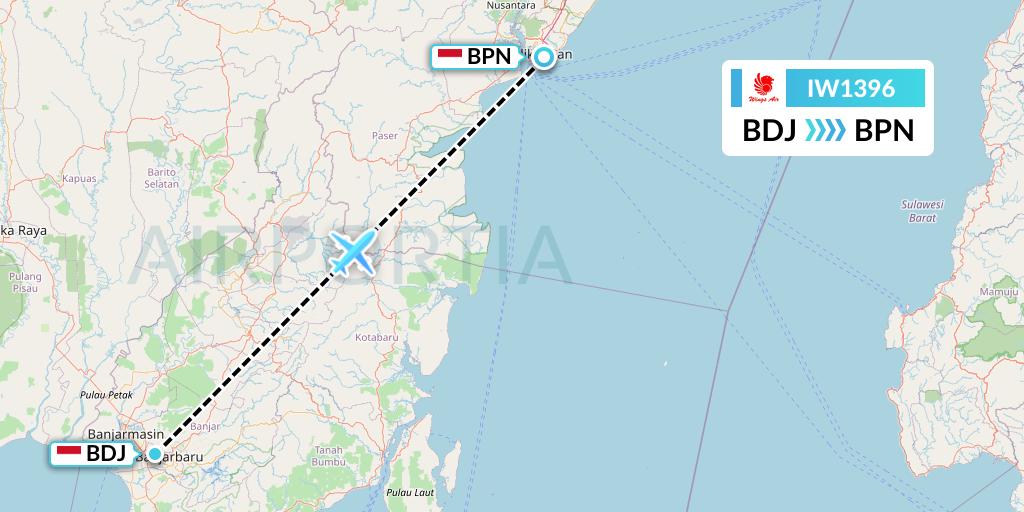 IW1396 Wings Air Flight Map: Banjarmasin to Balikpapan