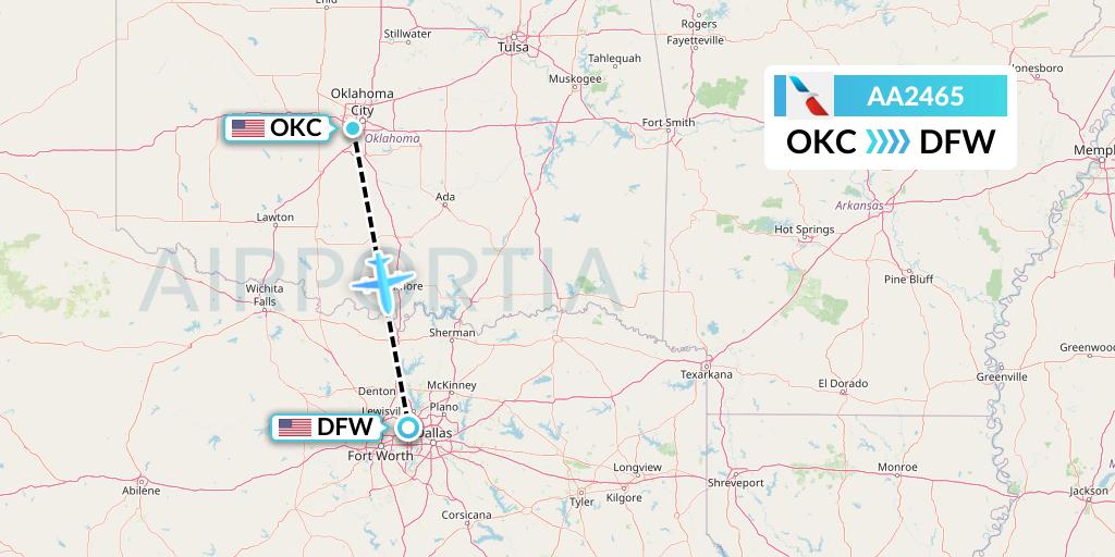 AA2465 American Airlines Flight Map: Oklahoma City to Dallas