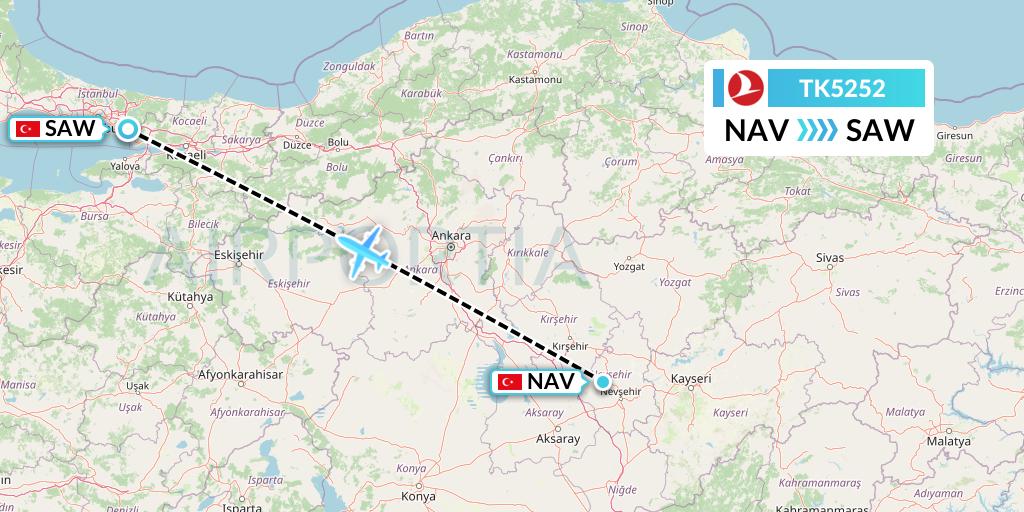 TK5252 Turkish Airlines Flight Map: Nevsehir to Istanbul