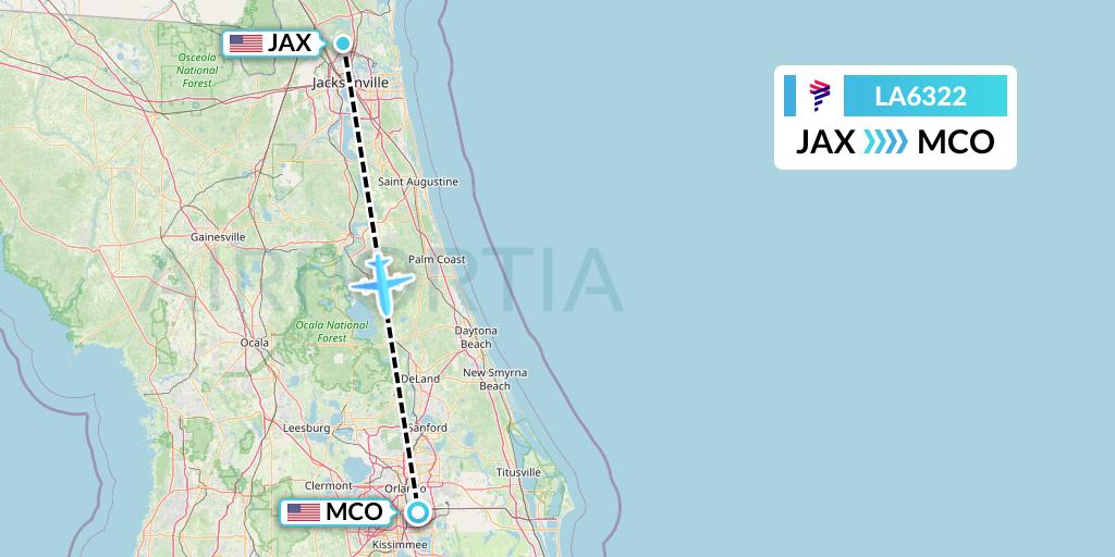 LA6322 LAN Airlines Flight Map: Jacksonville to Orlando