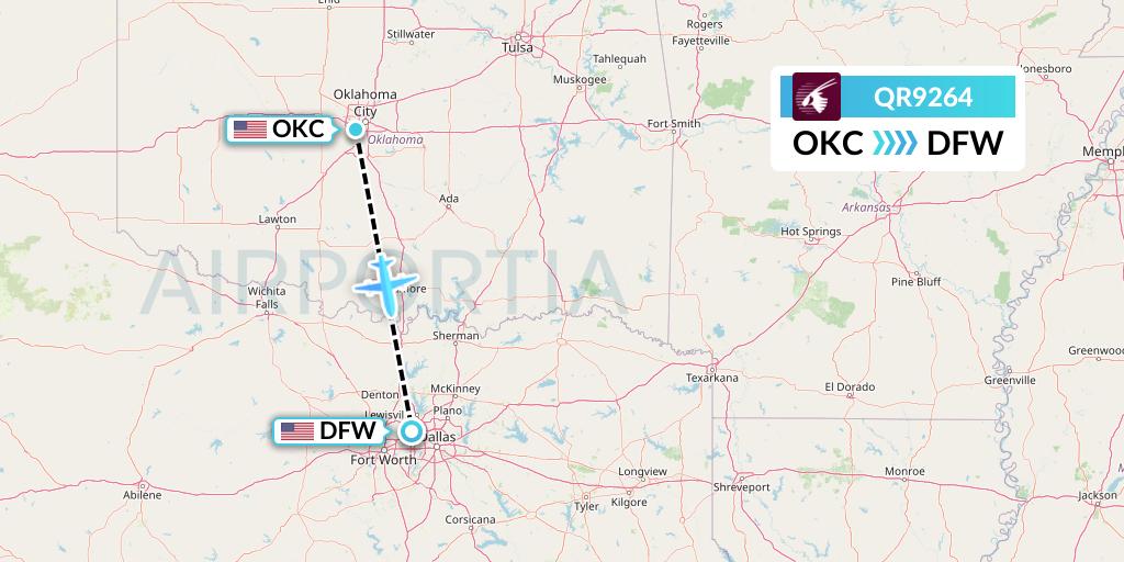QR9264 Qatar Airways Flight Map: Oklahoma City to Dallas