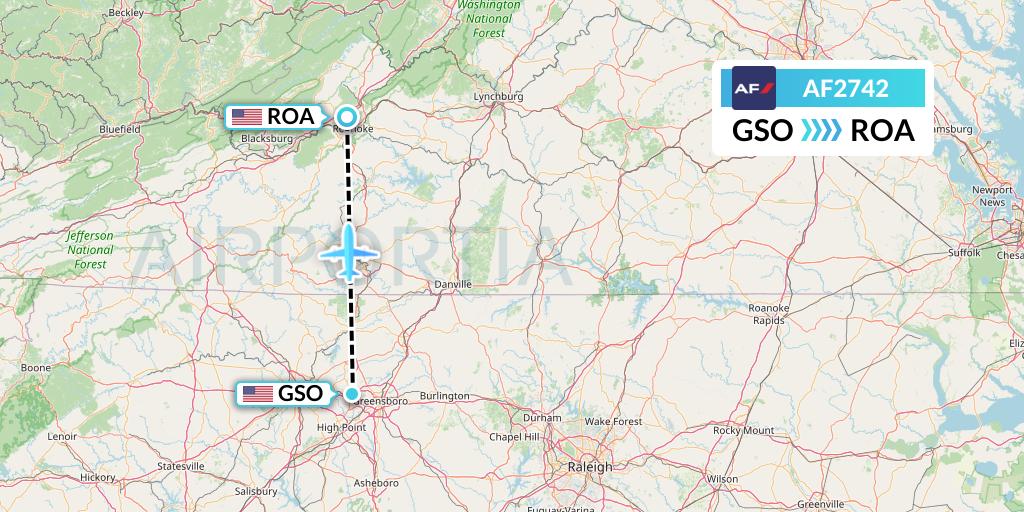 AF2742 Air France Flight Map: Greensboro to Roanoke
