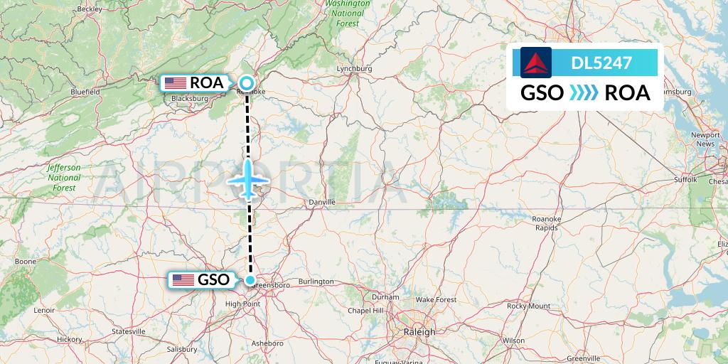DL5247 Delta Air Lines Flight Map: Greensboro to Roanoke