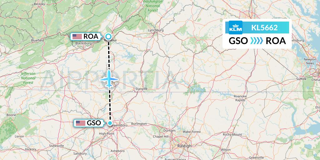 KL5662 KLM Flight Map: Greensboro to Roanoke