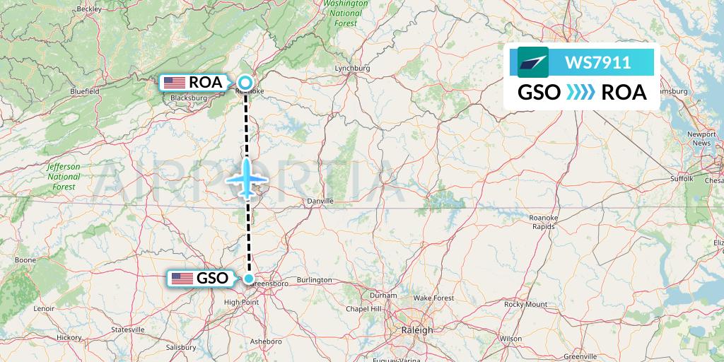 WS7911 WestJet Flight Map: Greensboro to Roanoke