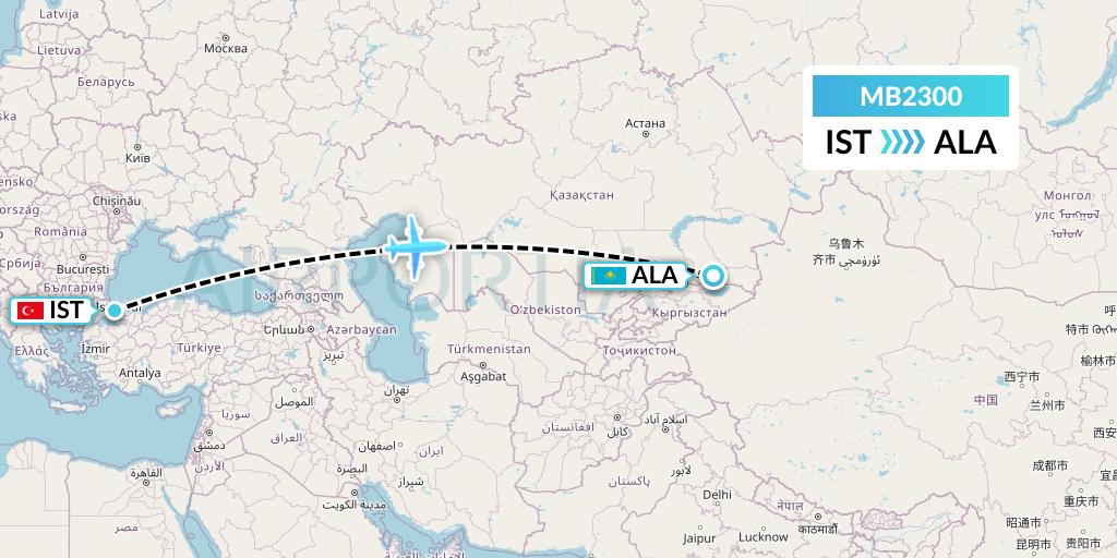 MB2300 MNG Airlines Flight Map: Istanbul to Almaty