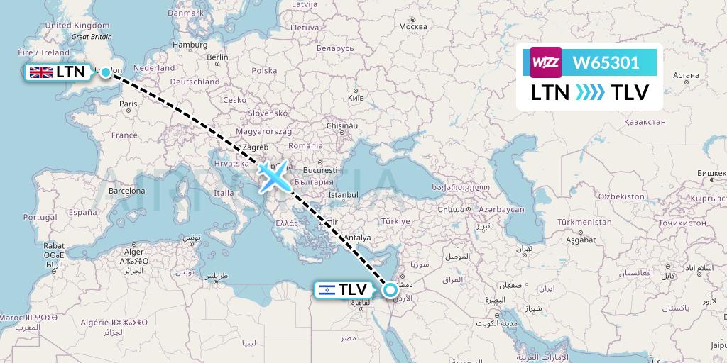 W65301 Wizz Air Flight Map: London to Tel Aviv