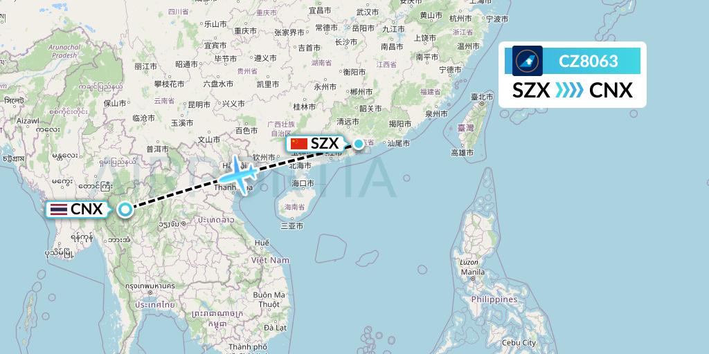 CZ8063 China Southern Airlines Flight Map: Shenzhen to Chiang Mai