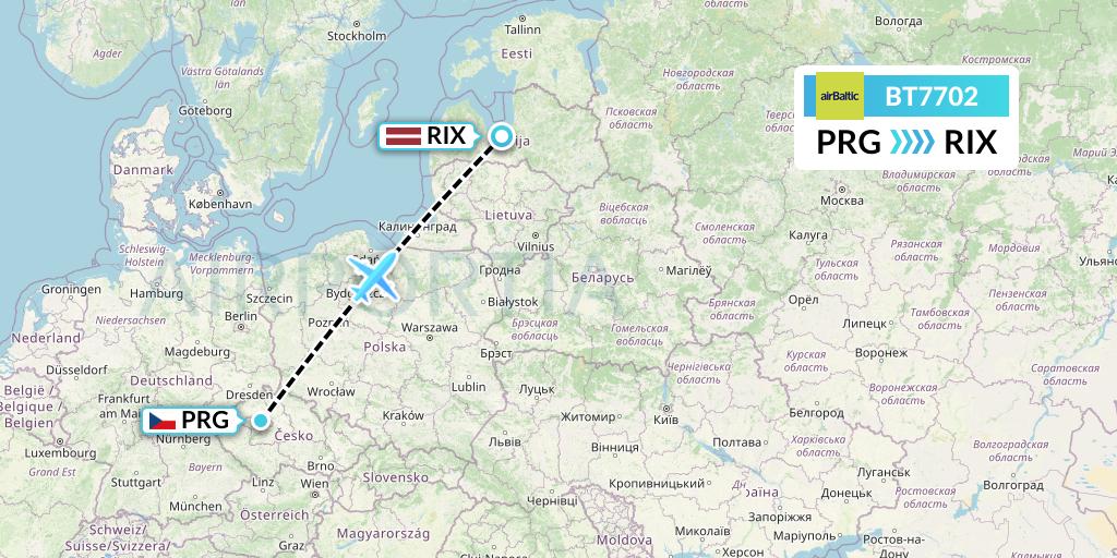 BT7702 Air Baltic Flight Map: Prague to Riga
