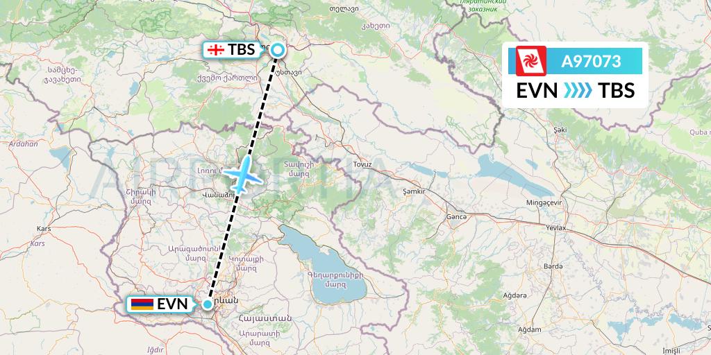 A97073 Georgian Airways Flight Map: Yerevan to Tbilisi