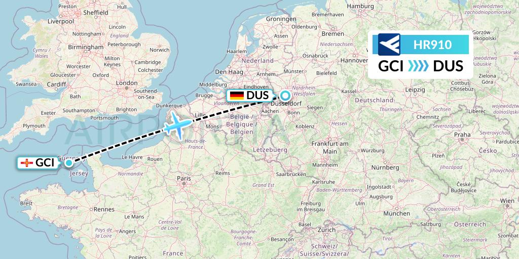 HR910 Hahn Air Flight Map: Guernsey to Dusseldorf
