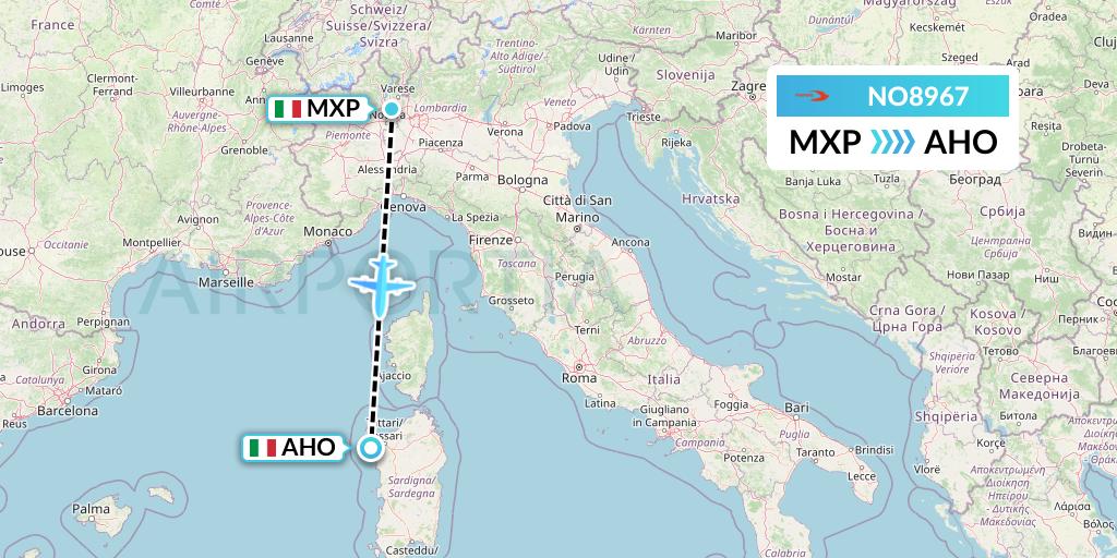 NO8967 Neos Flight Map: Milan to Alghero
