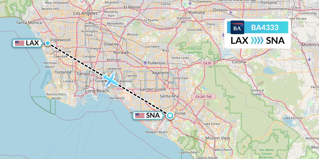 BA4333 British Airways Flight Map: Los Angeles to Orange County