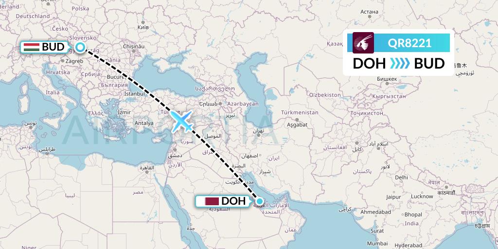 QR8221 Qatar Airways Flight Map: Doha to Budapest