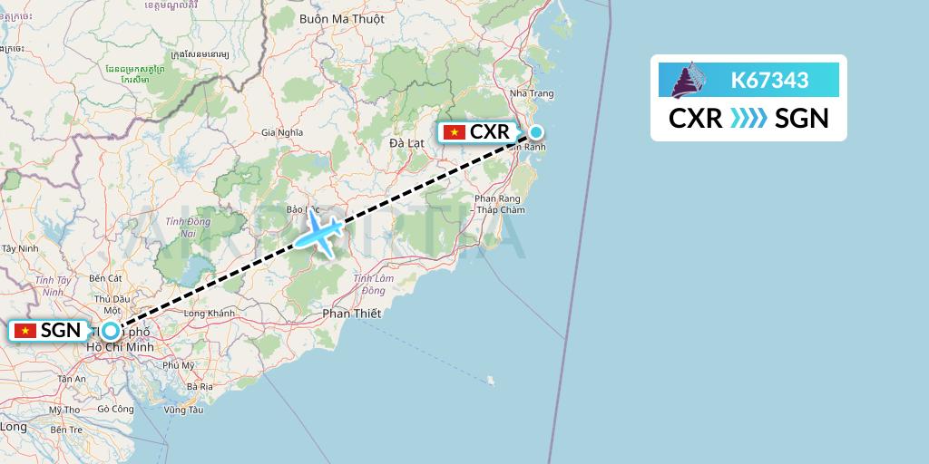 K67343 Cambodia Angkor Air Flight Map: Nha Trang to Ho Chi Minh City