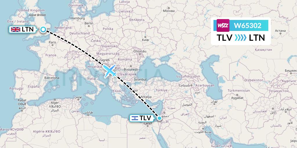 W65302 Wizz Air Flight Map: Tel Aviv to London
