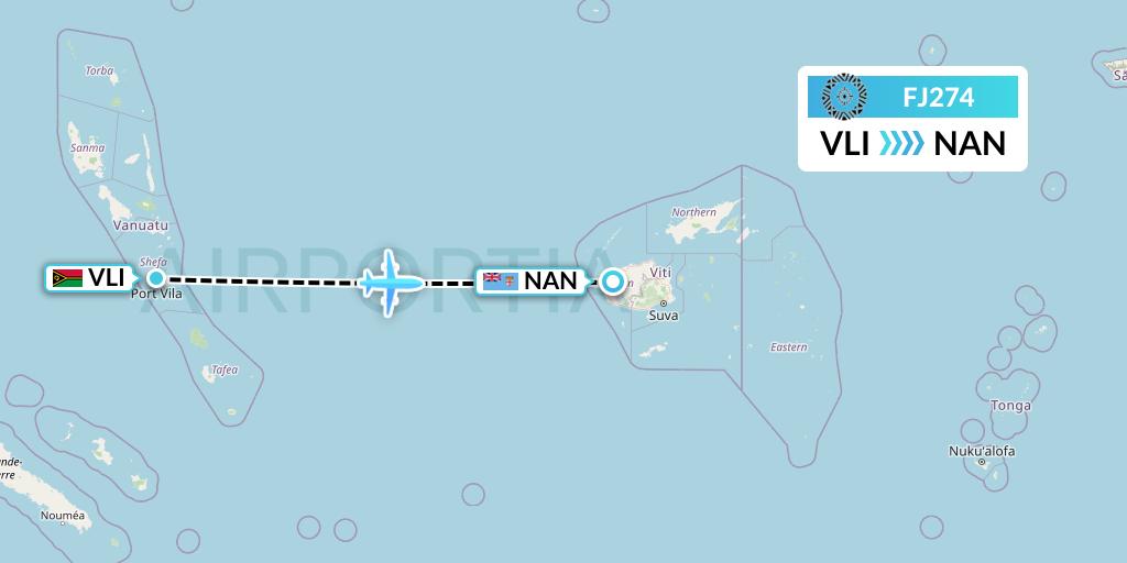 FJ274 Fiji Airways Flight Map: Port Vila to Nadi