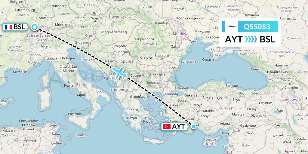 QS5053 Smartwings Flight Map: Antalya to Basel