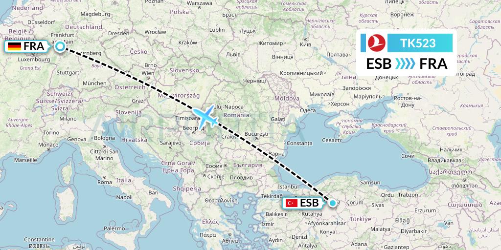TK523 Turkish Airlines Flight Map: Ankara to Frankfurt