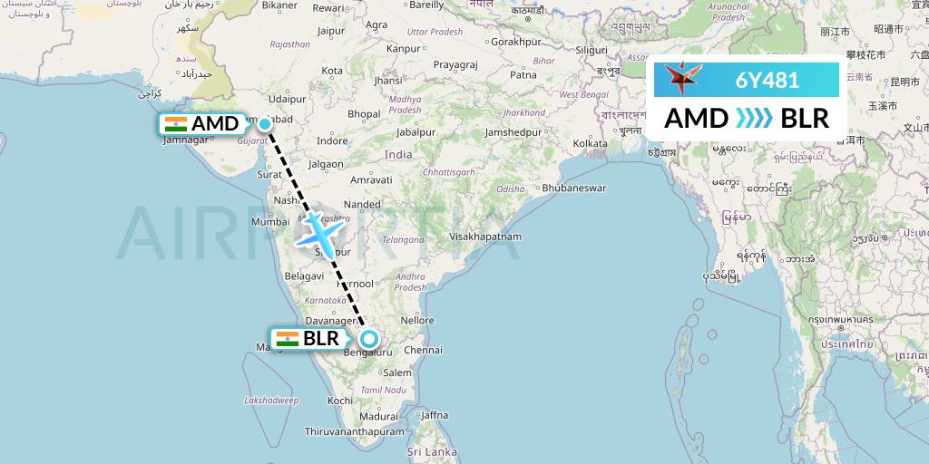 6Y481 SmartLynx Flight Map: Ahmedabad to Bangalore