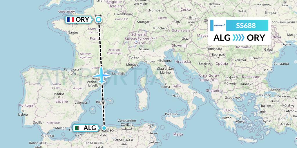 SS688 Corsair Flight Map: Algiers to Paris