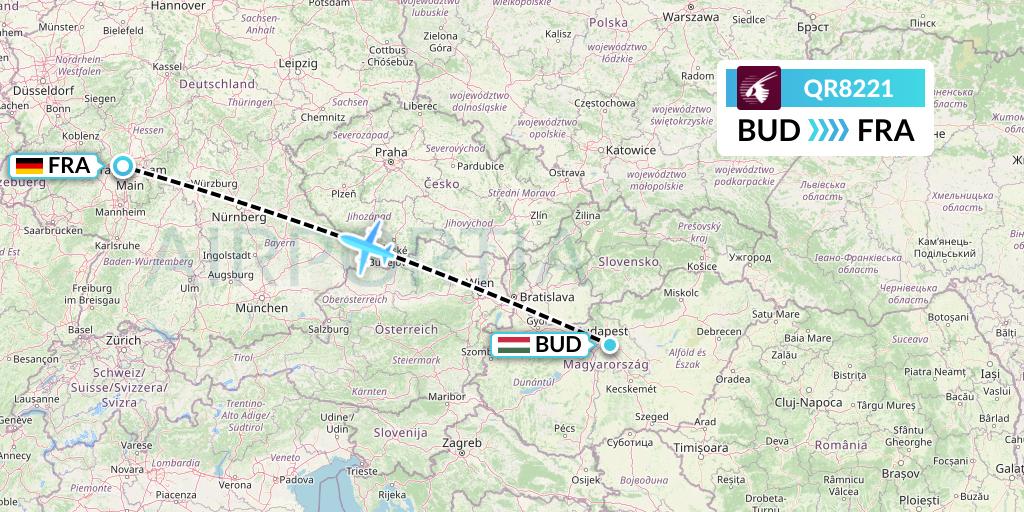QR8221 Qatar Airways Flight Map: Budapest to Frankfurt