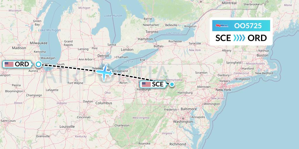 OO5725 SkyWest Airlines Flight Map: State College to Chicago