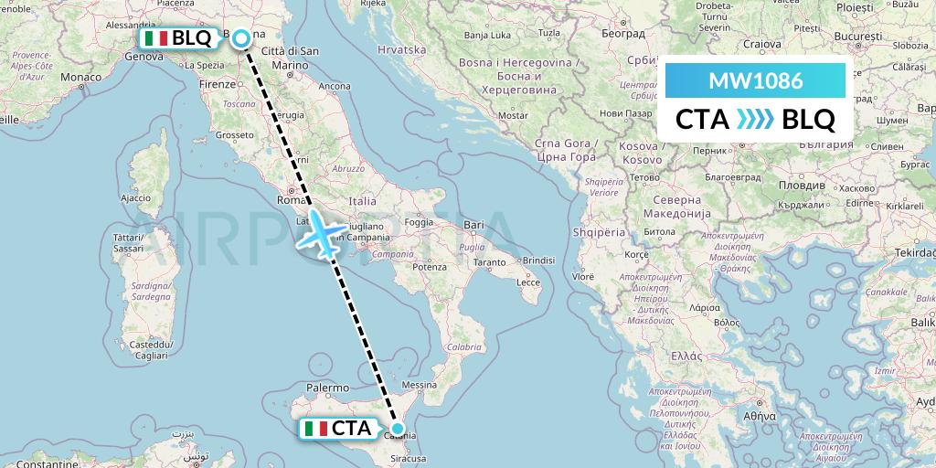 MW1086 Mokulele Flight Service Flight Map: Catania to Bologna