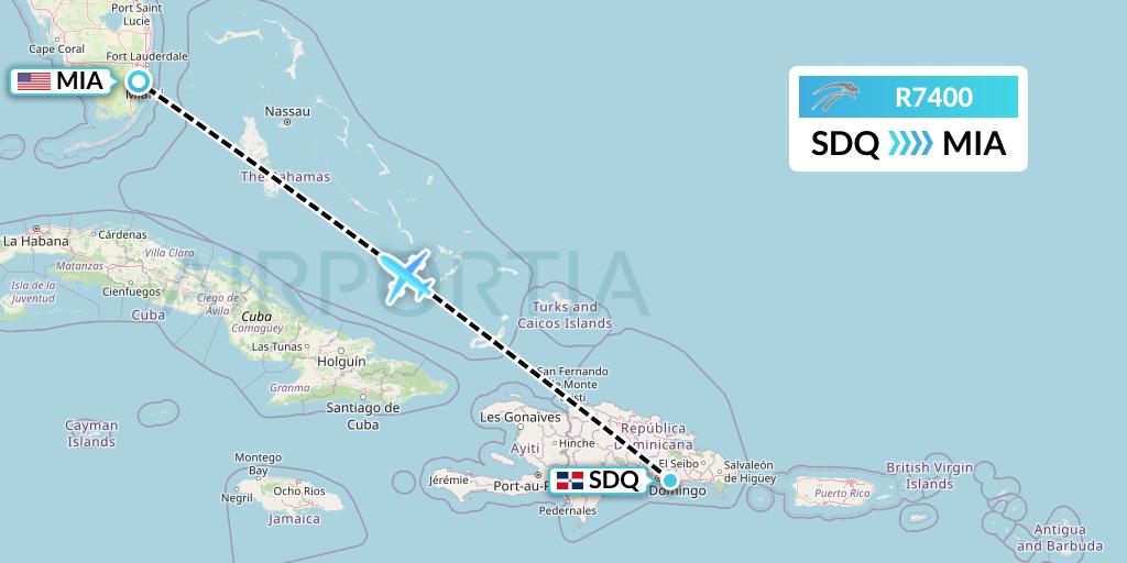 R7400 Aserca Airlines Flight Map: Santo Domingo to Miami