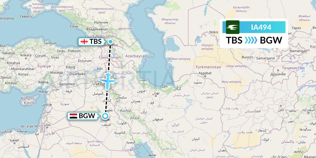 IA494 Iraqi Airways Flight Map: Tbilisi to Baghdad