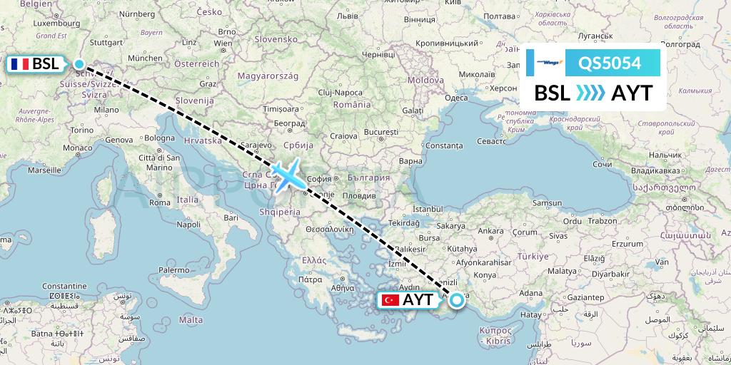 QS5054 Smartwings Flight Map: Basel to Antalya