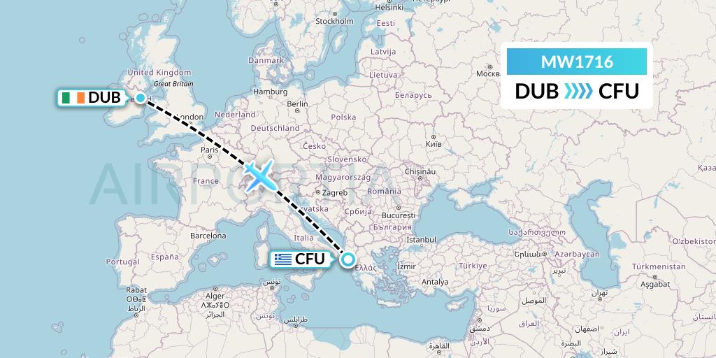 MW1716 Mokulele Flight Service Flight Map: Dublin to Corfu