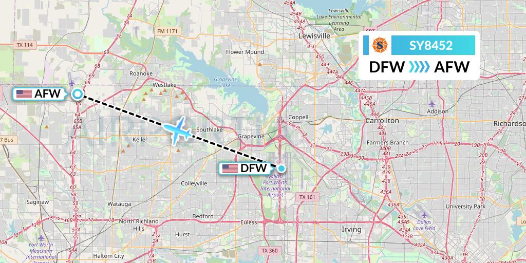 SY8452 Sun Country Airlines Flight Map: Dallas to Fort Worth