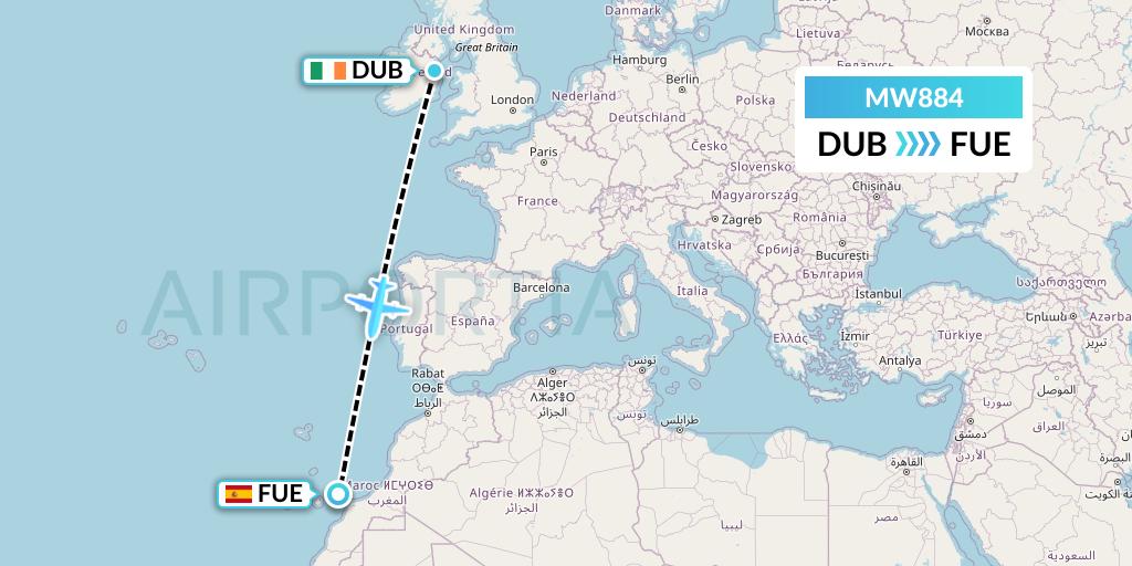 MW884 Mokulele Flight Service Flight Map: Dublin to Fuerteventura