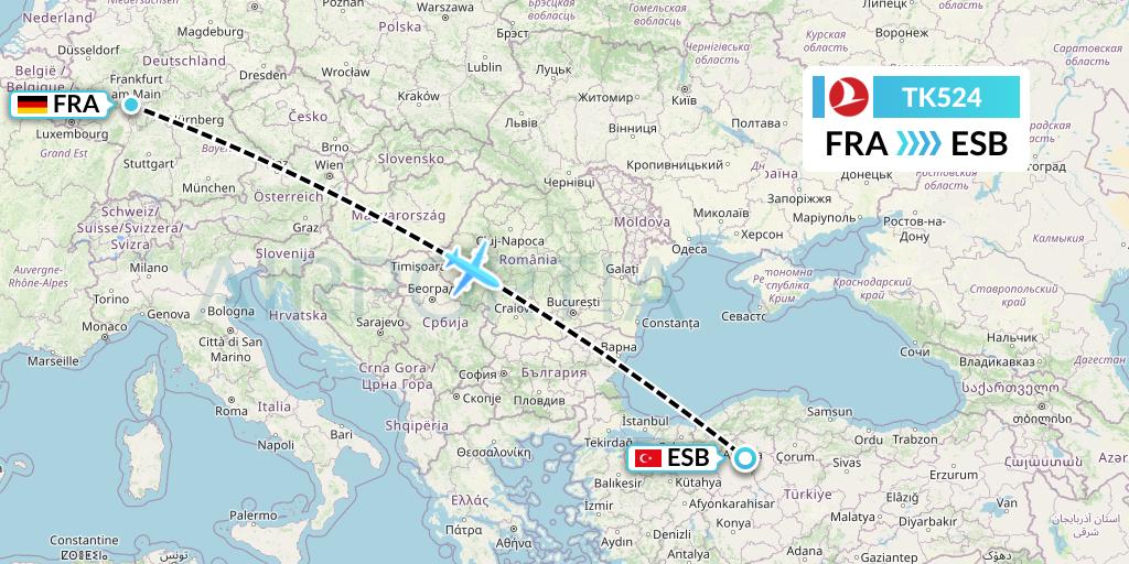 TK524 Turkish Airlines Flight Map: Frankfurt to Ankara