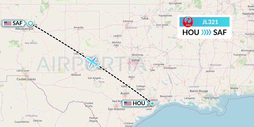 JL321 Japan Airlines Flight Map: Houston to Santa Fe