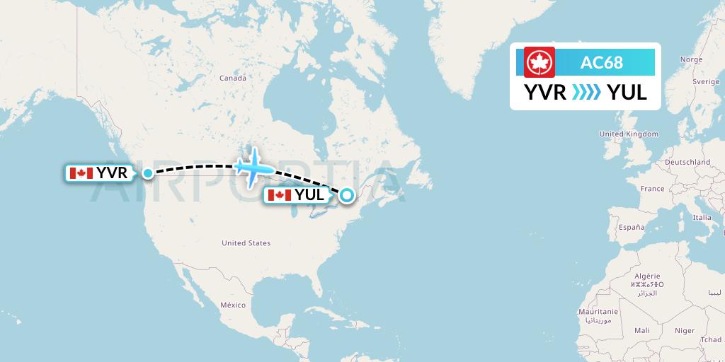 AC68 Air Canada Flight Map: Vancouver to Montreal