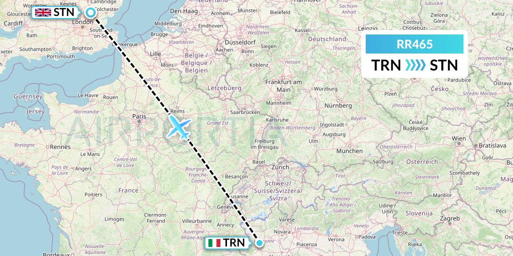 RR465 Royal Air Force Flight Map: Turin to London