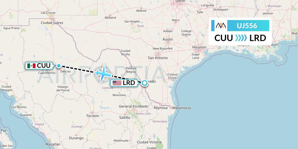 UJ556 AlMasria Universal Airlines Flight Map: Chihuahua to Laredo