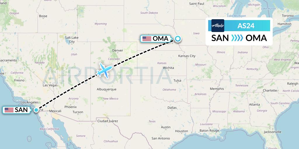 AS24 Alaska Airlines Flight Map: San Diego to Omaha