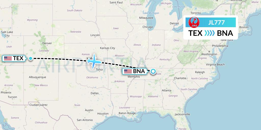 JL777 Japan Airlines Flight Map: Telluride to Nashville