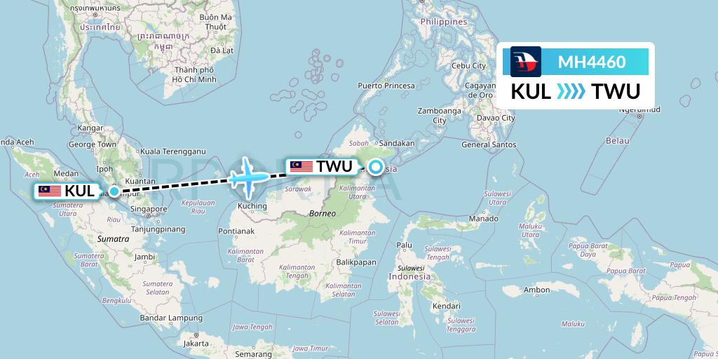 MH4460 Malaysia Airlines Flight Map: Kuala Lumpur to Tawau