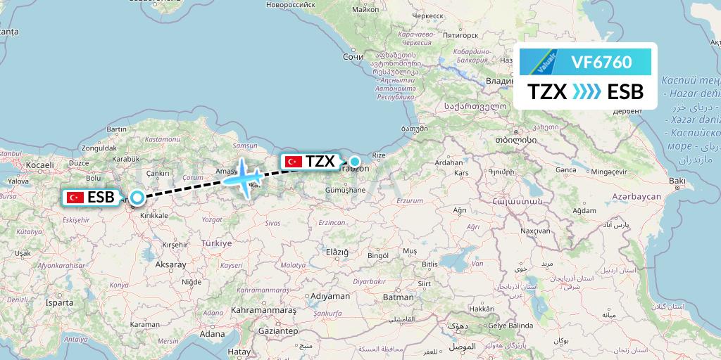 VF6760 ValuAir Flight Map: Trabzon to Ankara