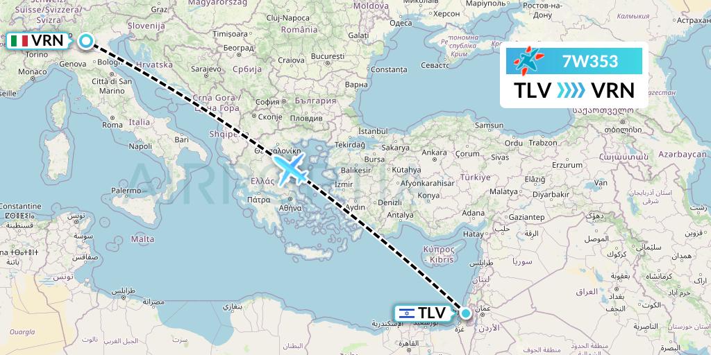 7W353 Windrose Airlines Flight Map: Tel Aviv to Verona