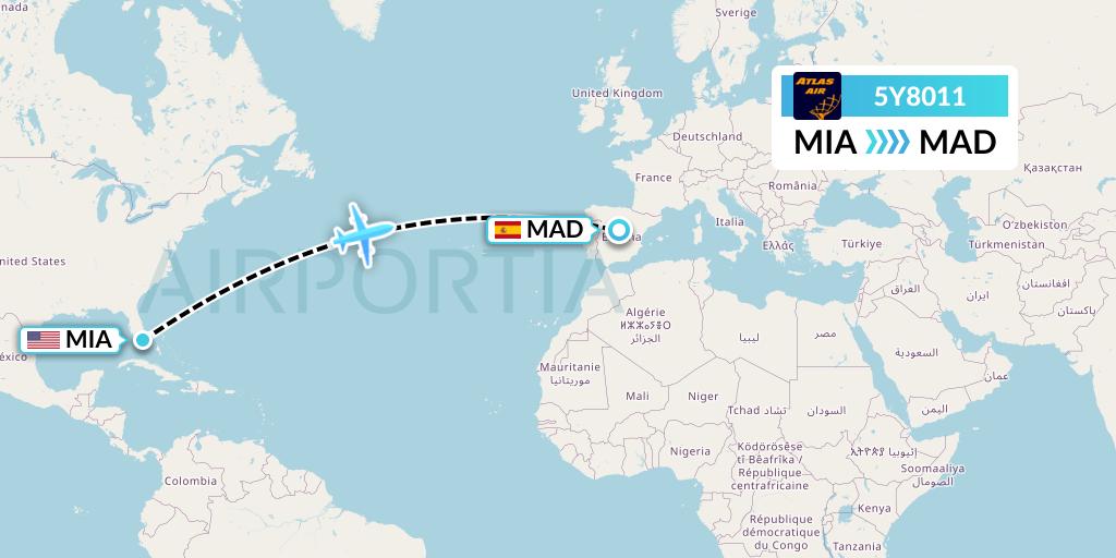 5Y8011 Atlas Air Flight Map: Miami to Madrid